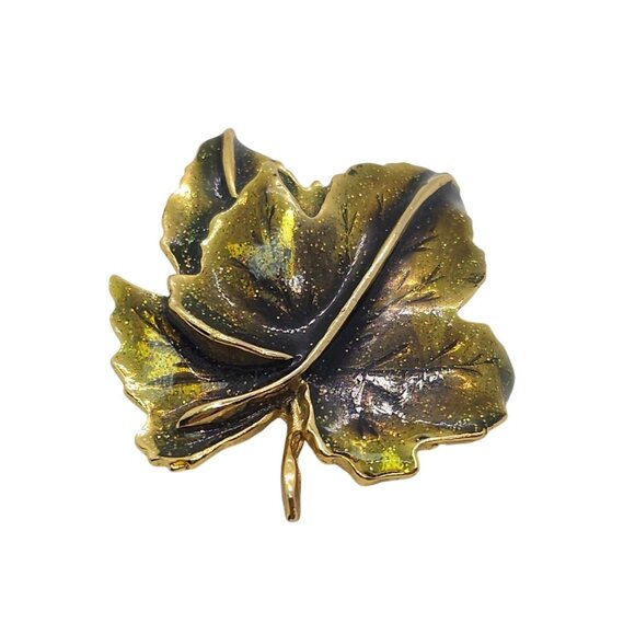 Vintage Autumn Leaf Brooch Green Glitter Enamel Gold Tone - Picture 1 of 10